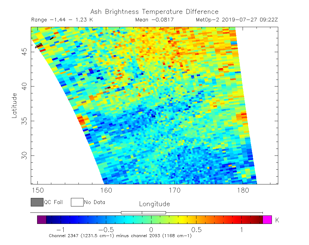 Ash Brightness Temperature Difference 2019-07-27 09:22Z