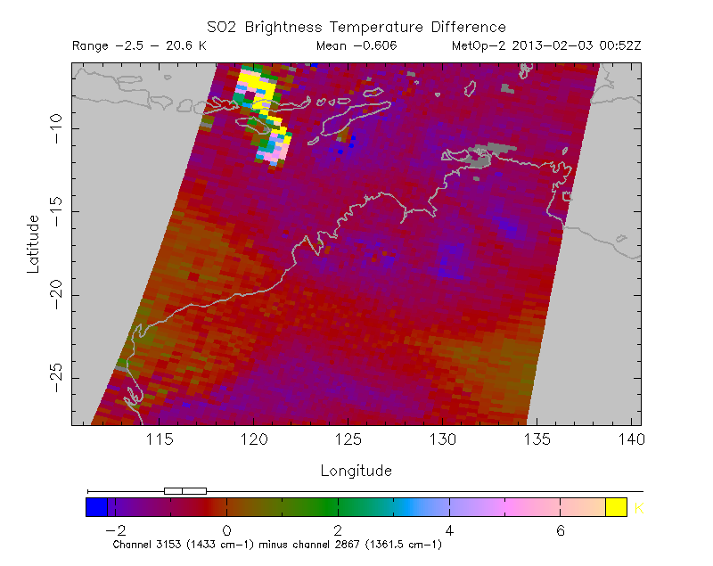 SO2 Brightness Temperature Difference 2013-02-03 00:52Z