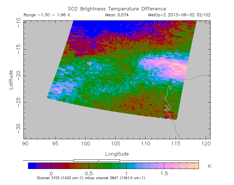 SO2 Brightness Temperature Difference 2013-08-02 02:10Z