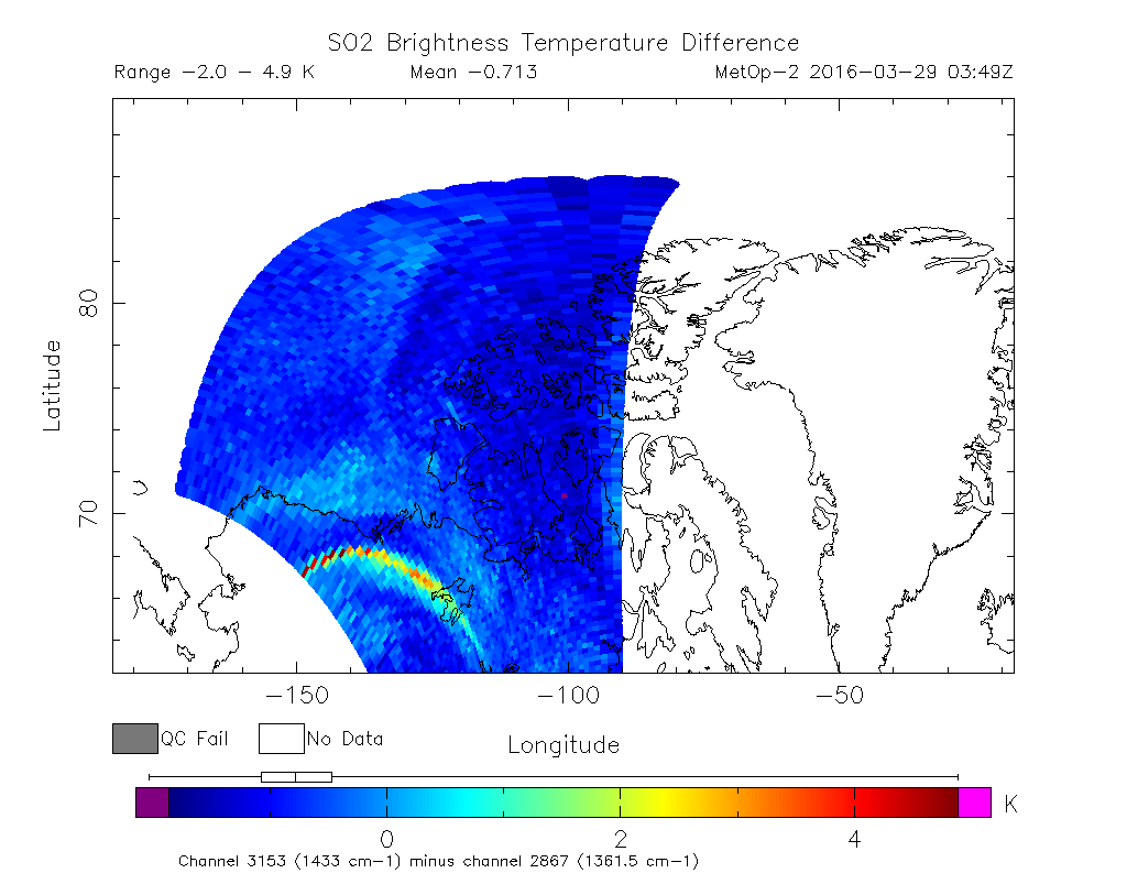 SO2 Brightness Temperature Difference 2016-03-29 03:49Z