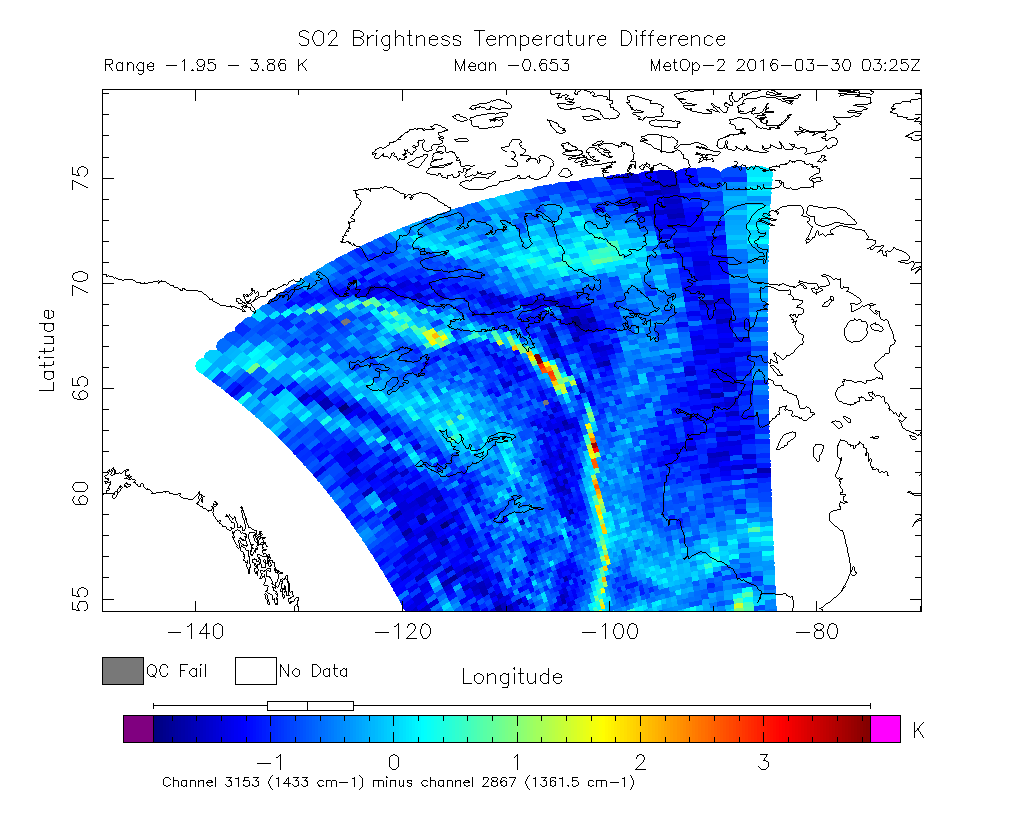 SO2 Brightness Temperature Difference 2016-03-30 03:25Z
