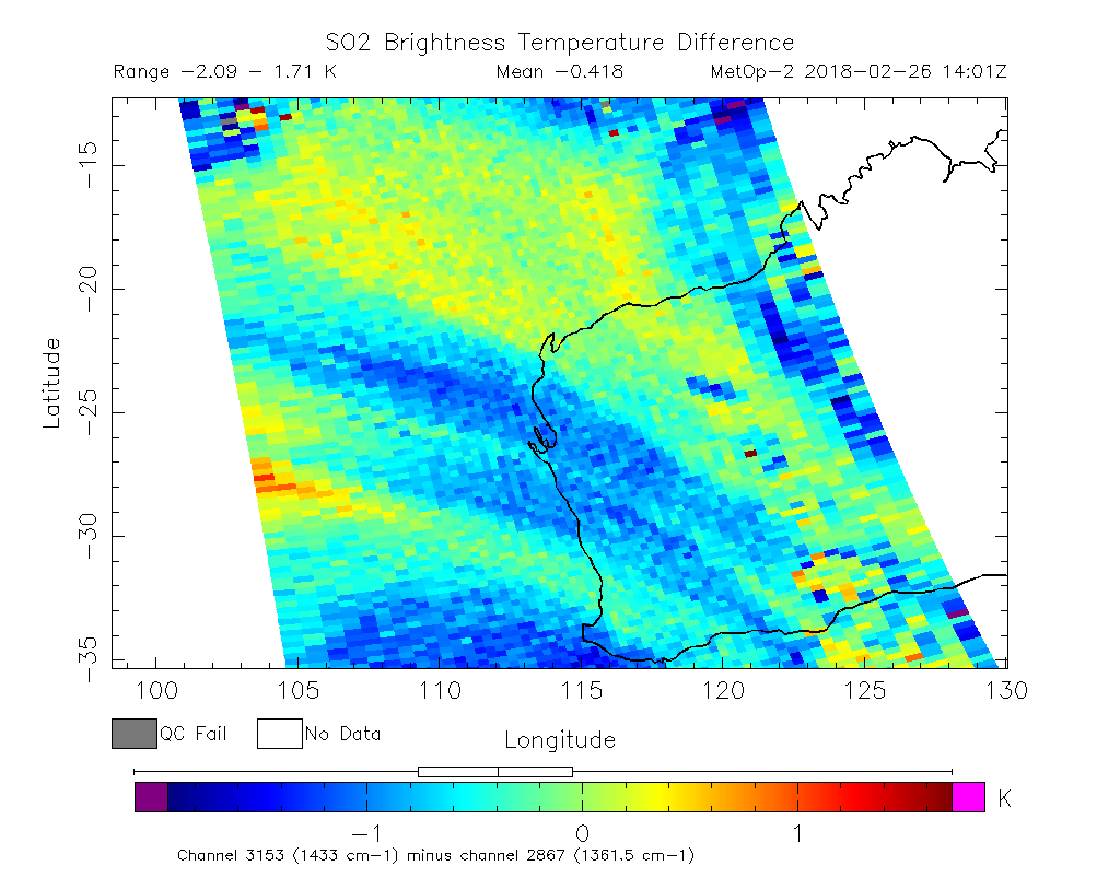 SO2 Brightness Temperature Difference 2018-02-26 14:01Z