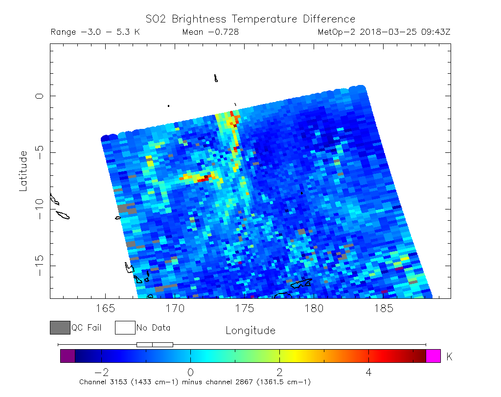 SO2 Brightness Temperature Difference 2018-03-25 09:43Z