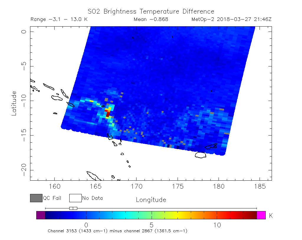 SO2 Brightness Temperature Difference 2018-03-27 21:46Z
