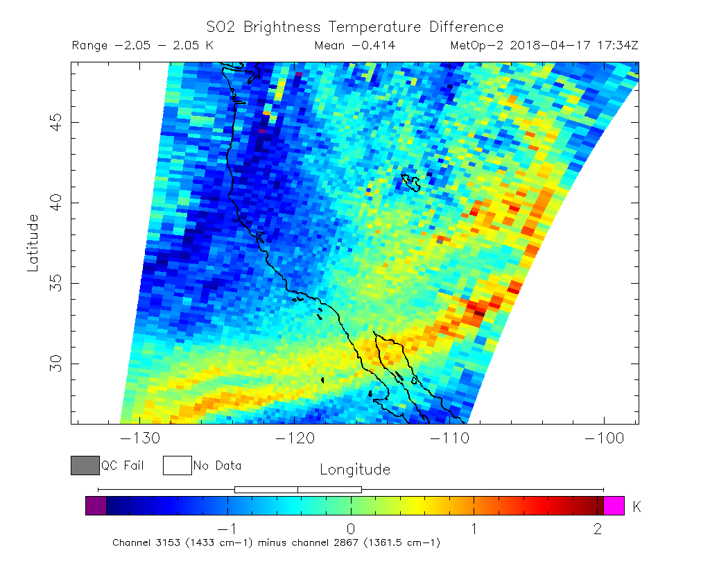 SO2 Brightness Temperature Difference 2018-04-17 17:34Z