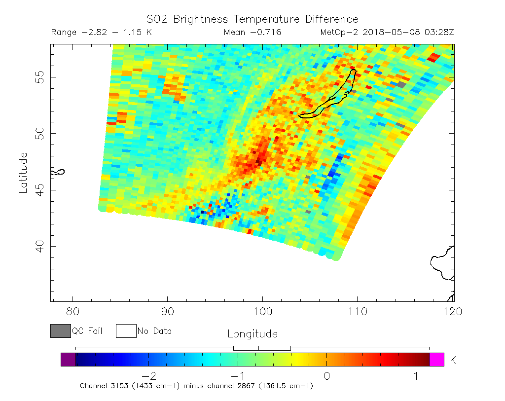 SO2 Brightness Temperature Difference 2018-05-08 03:28Z