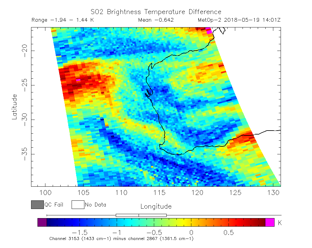 SO2 Brightness Temperature Difference 2018-05-19 14:01Z
