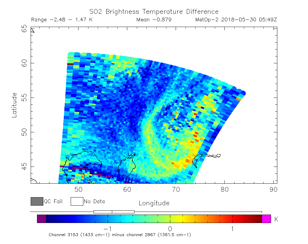 SO2 Brightness Temperature Difference 2018-05-30 05:49Z