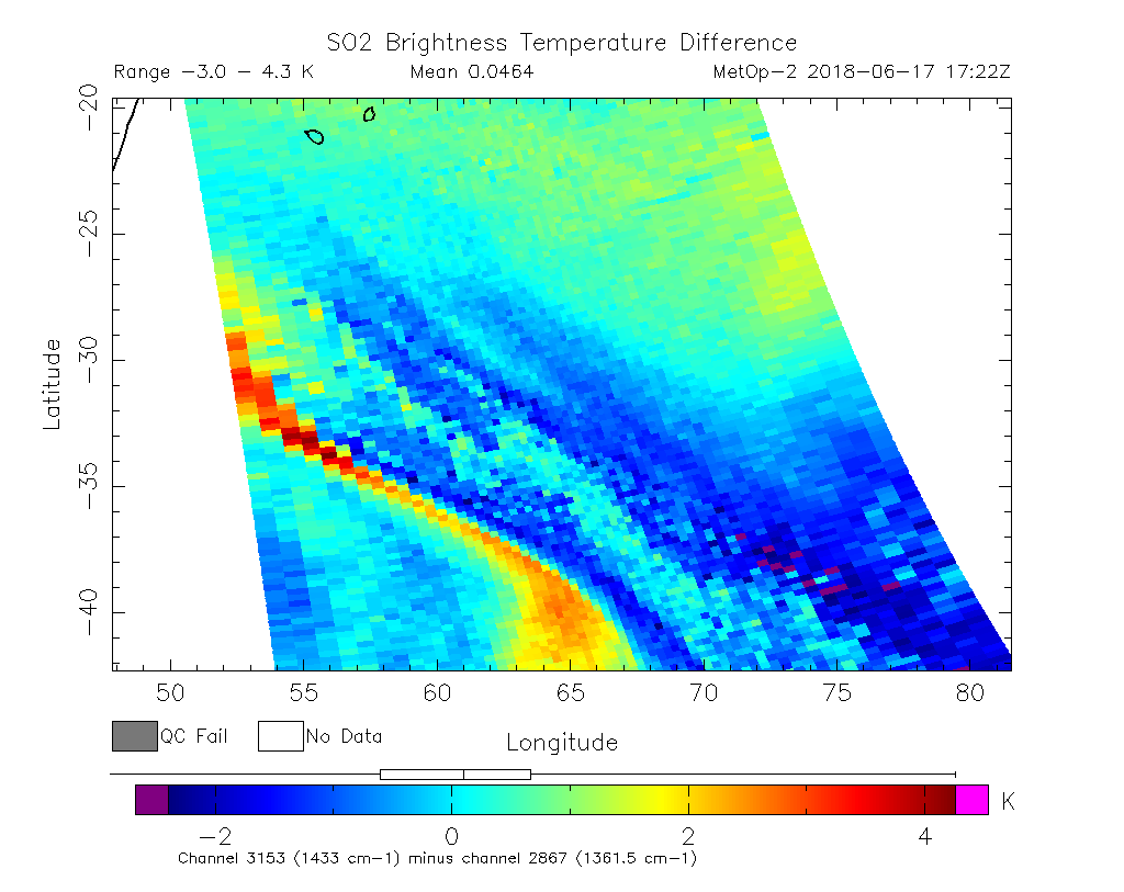 SO2 Brightness Temperature Difference 2018-06-17 17:22Z