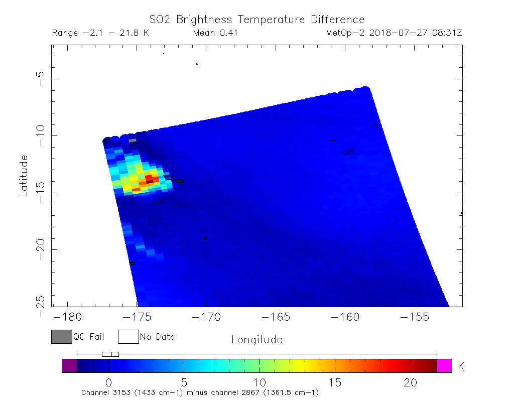 SO2 Brightness Temperature Difference 2018-07-27 08:31Z
