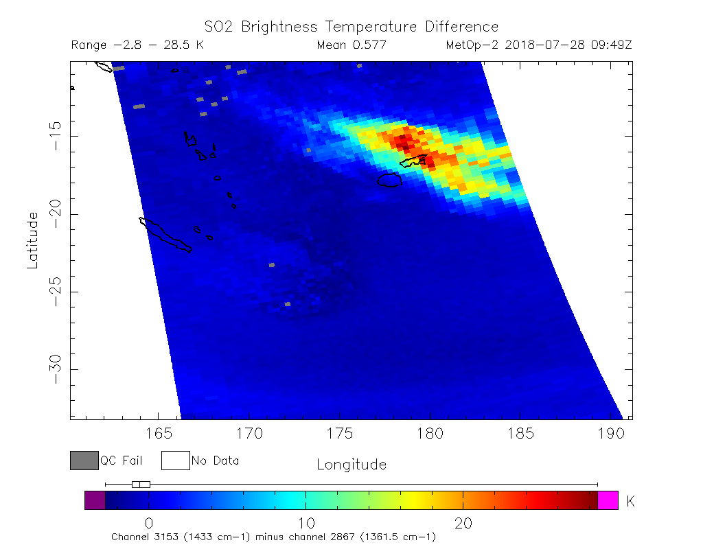 SO2 Brightness Temperature Difference 2018-07-28 09:49Z