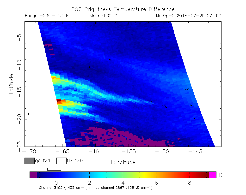 SO2 Brightness Temperature Difference 2018-07-29 07:49Z