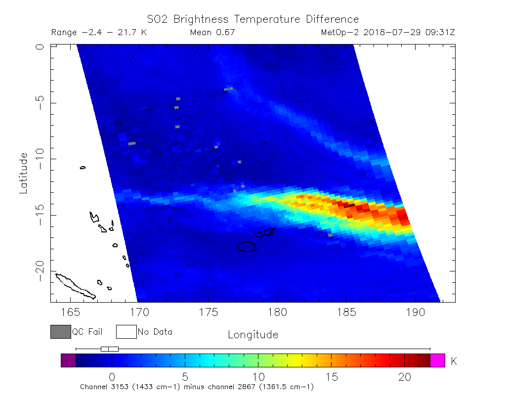 SO2 Brightness Temperature Difference 2018-07-29 09:31Z