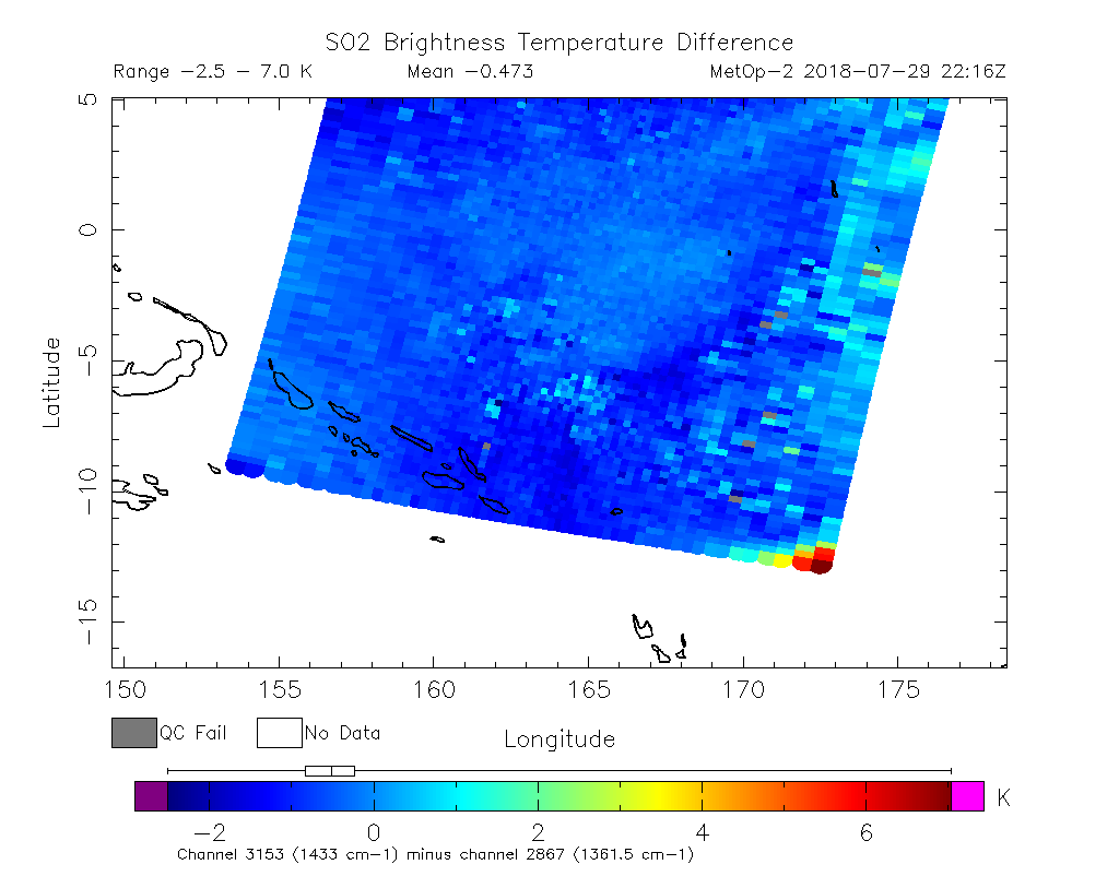SO2 Brightness Temperature Difference 2018-07-29 22:16Z