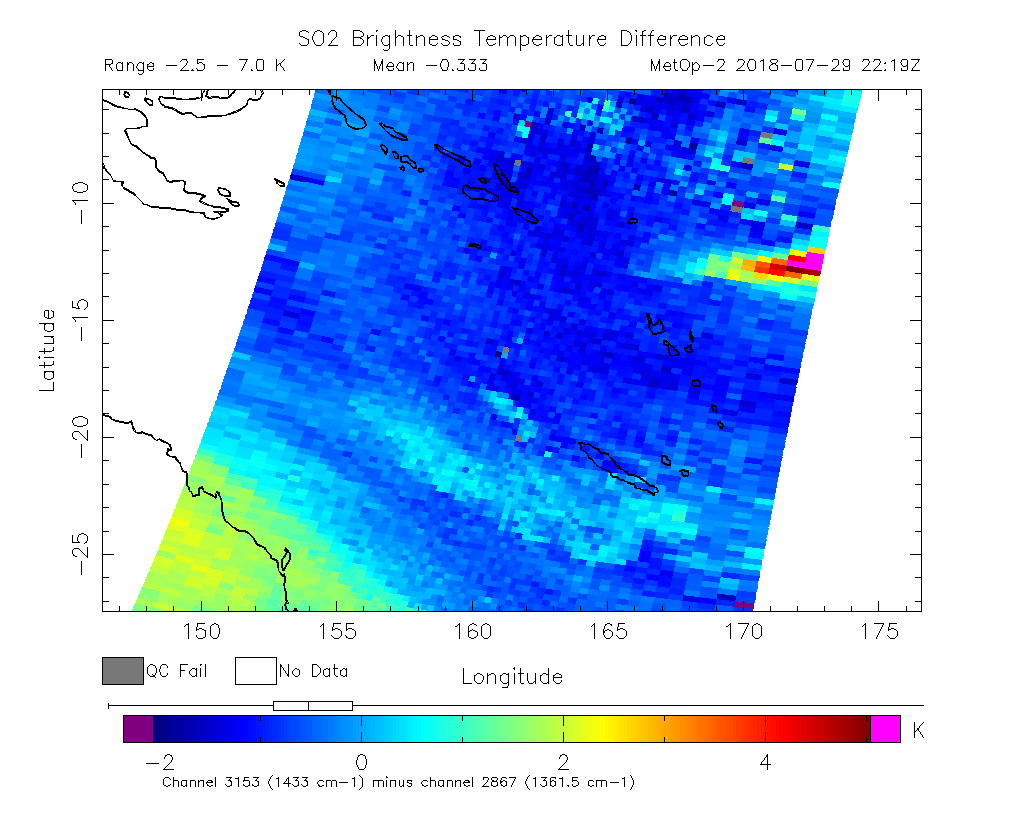 SO2 Brightness Temperature Difference 2018-07-29 22:19Z