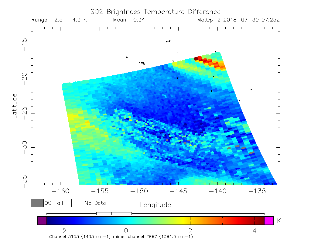 SO2 Brightness Temperature Difference 2018-07-30 07:25Z