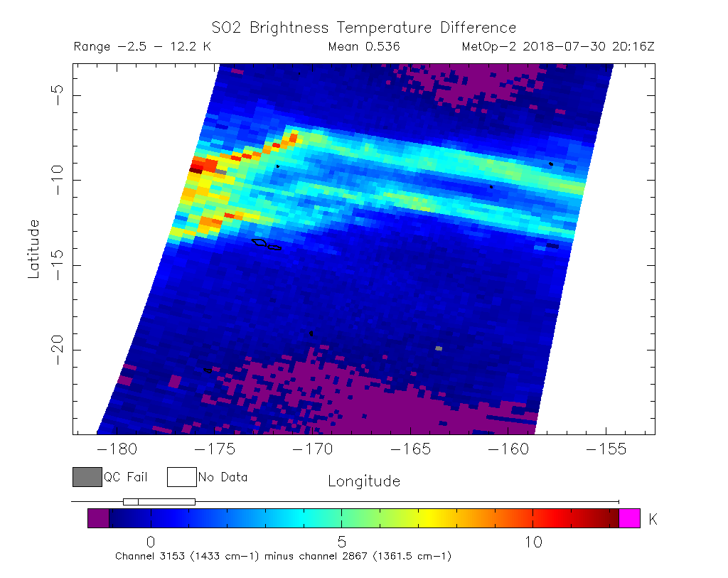 SO2 Brightness Temperature Difference 2018-07-30 20:16Z