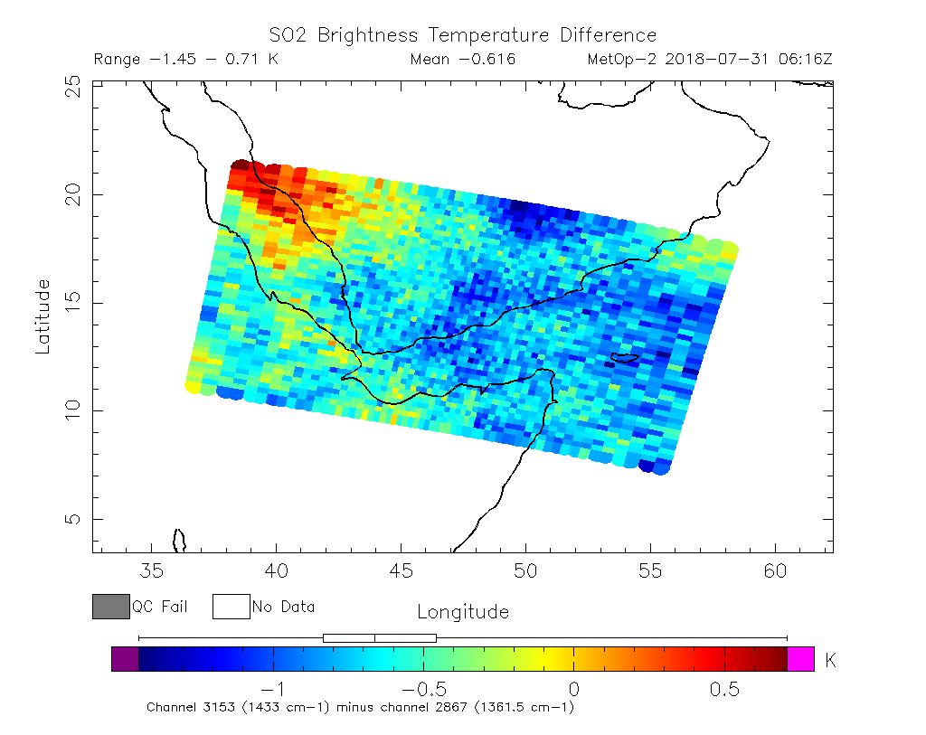 SO2 Brightness Temperature Difference 2018-07-31 06:16Z