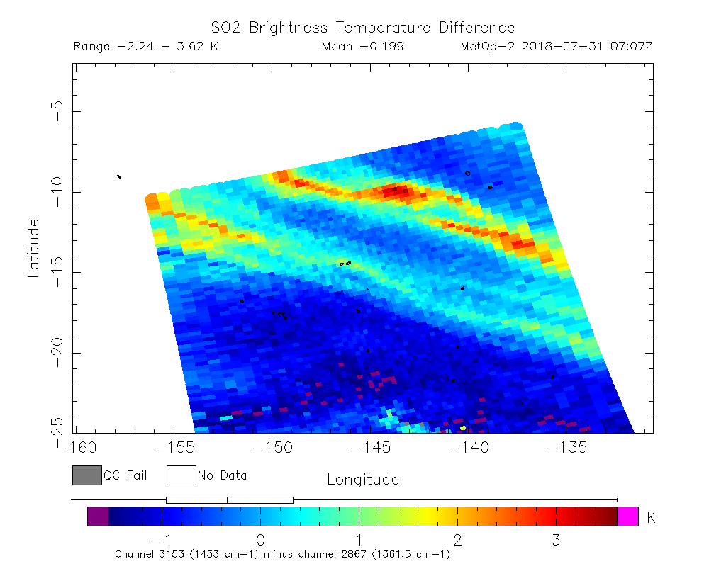 SO2 Brightness Temperature Difference 2018-07-31 07:07Z