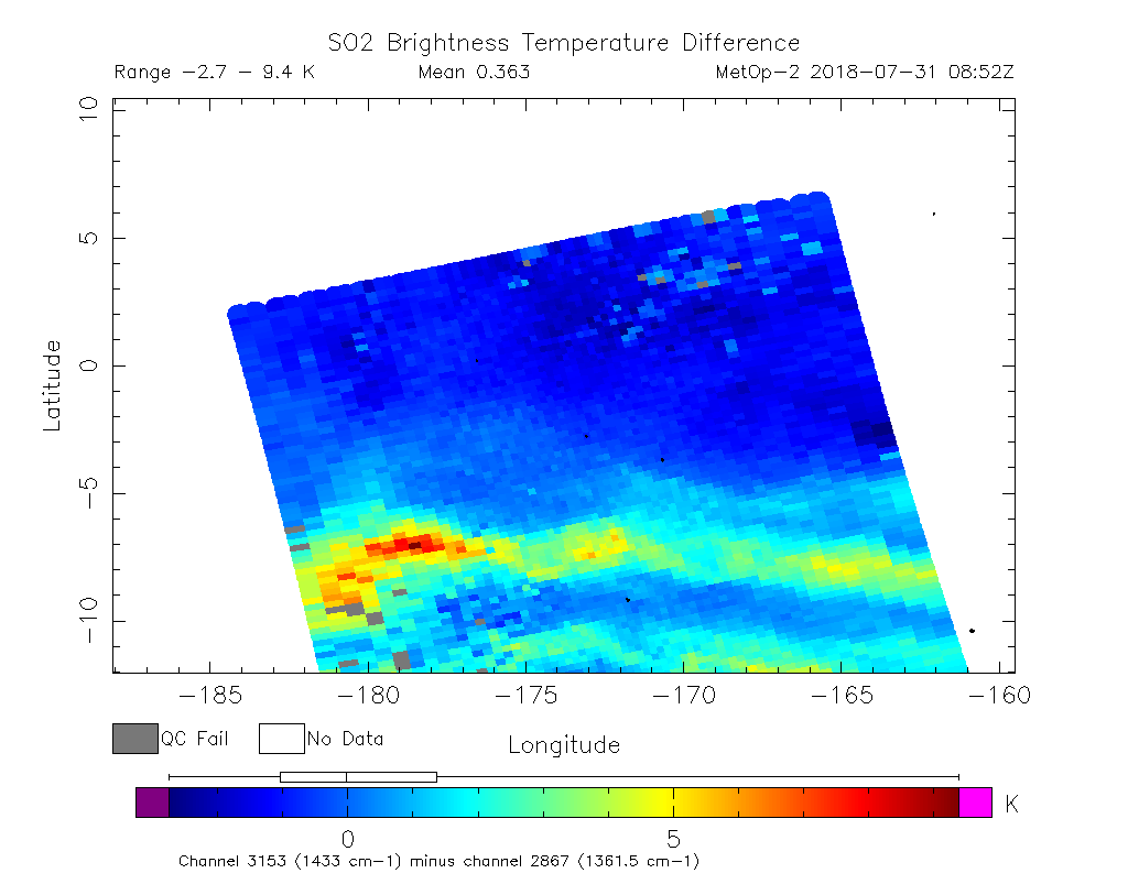 SO2 Brightness Temperature Difference 2018-07-31 08:52Z