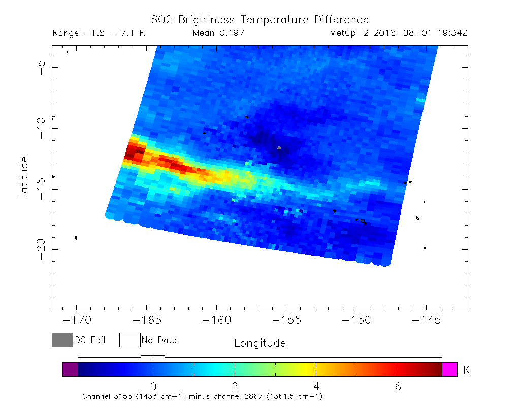 SO2 Brightness Temperature Difference 2018-08-01 19:34Z