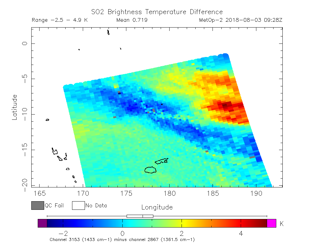SO2 Brightness Temperature Difference 2018-08-03 09:28Z
