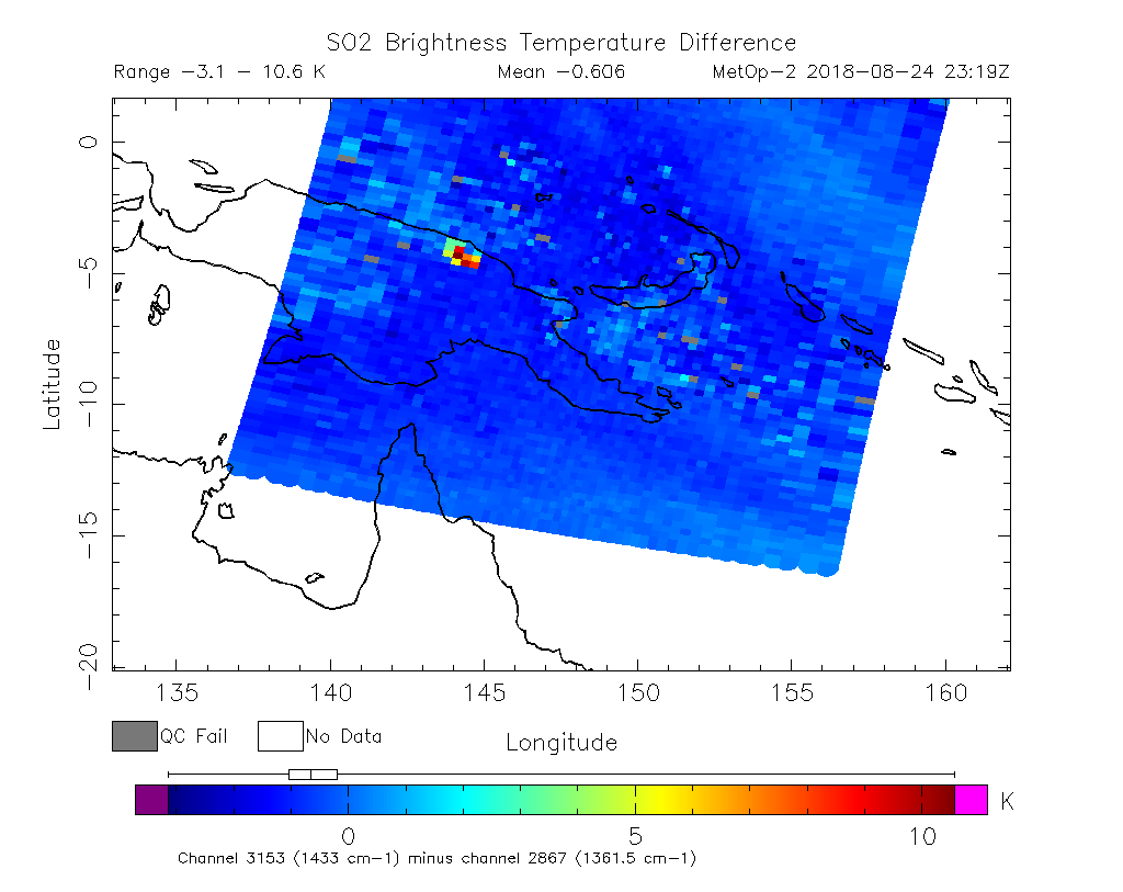 SO2 Brightness Temperature Difference 2018-08-24 23:19Z