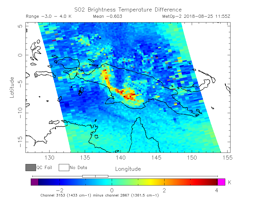 SO2 Brightness Temperature Difference 2018-08-25 11:55Z
