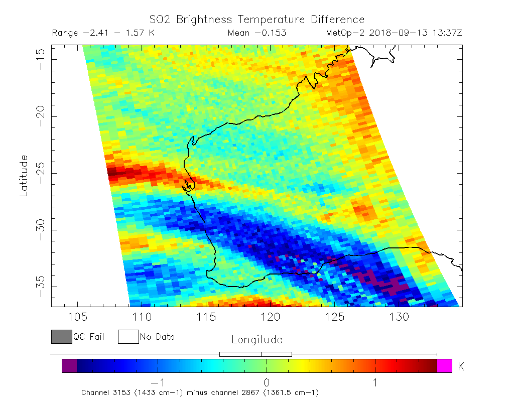 SO2 Brightness Temperature Difference 2018-09-13 13:37Z