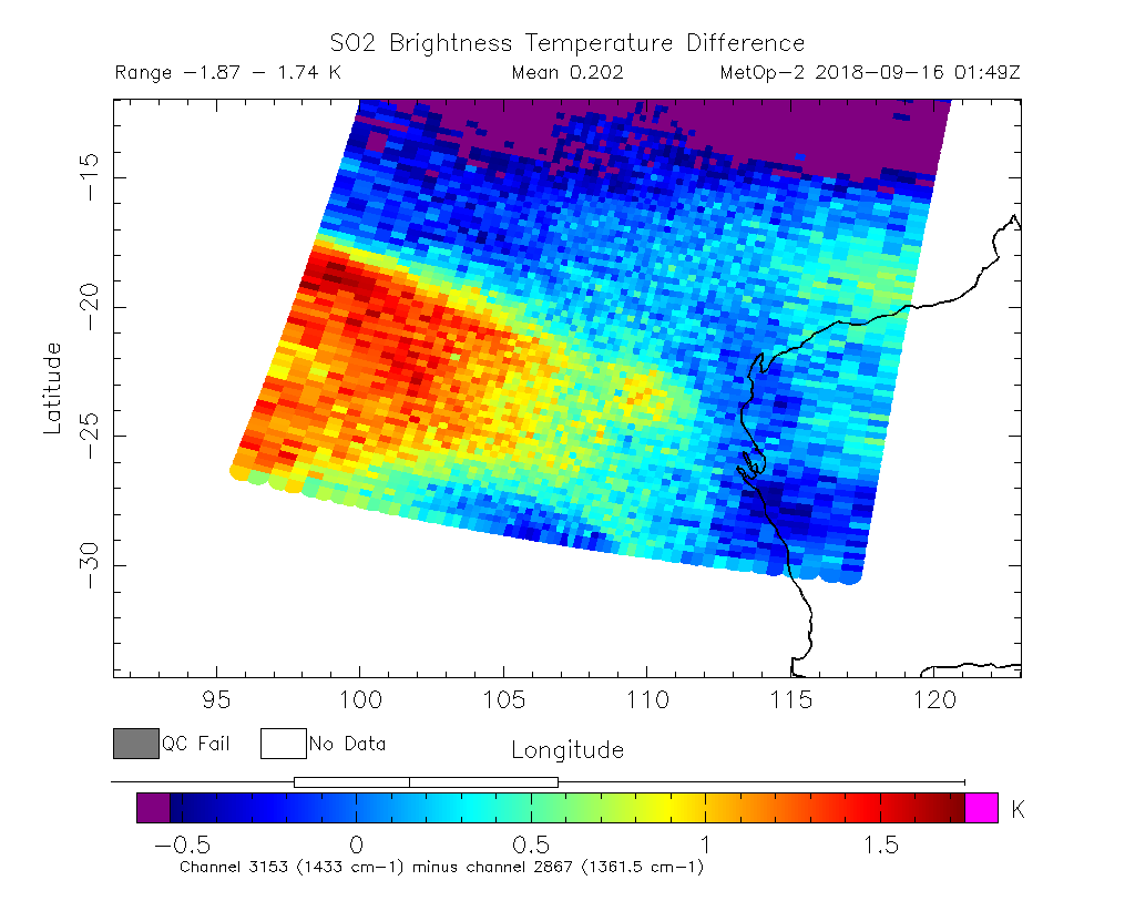 SO2 Brightness Temperature Difference 2018-09-16 01:49Z