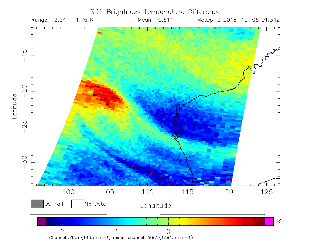 SO2 Brightness Temperature Difference 2018-10-06 01:34Z