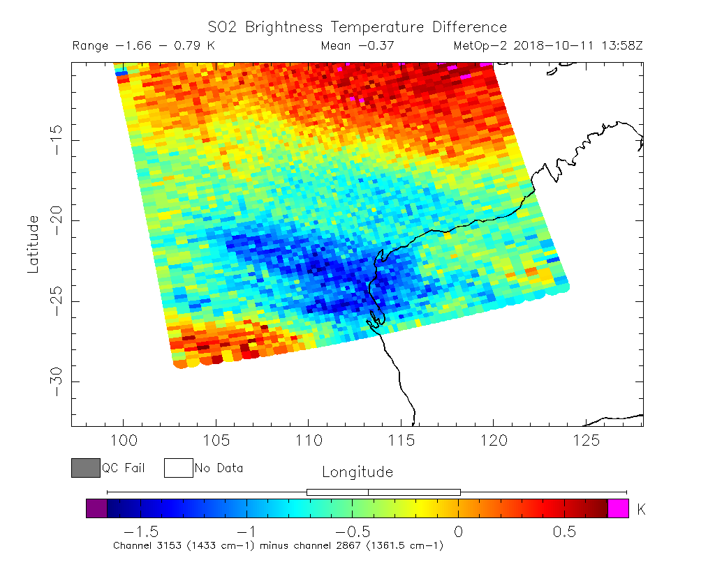 SO2 Brightness Temperature Difference 2018-10-11 13:58Z