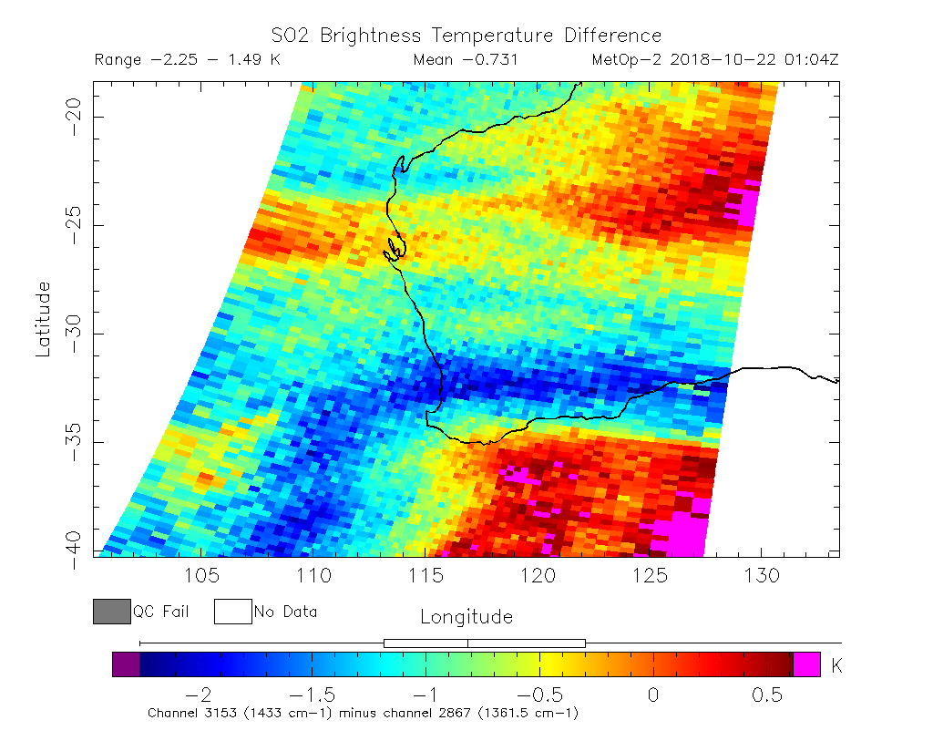 SO2 Brightness Temperature Difference 2018-10-22 01:04Z