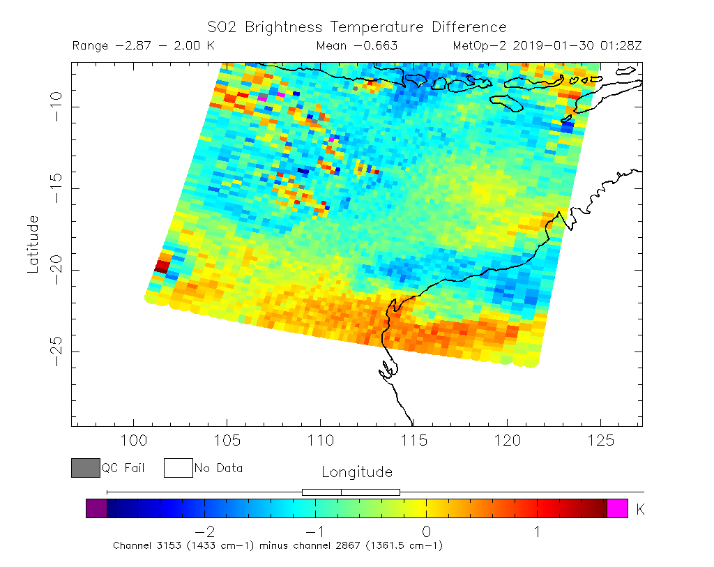 SO2 Brightness Temperature Difference 2019-01-30 01:28Z