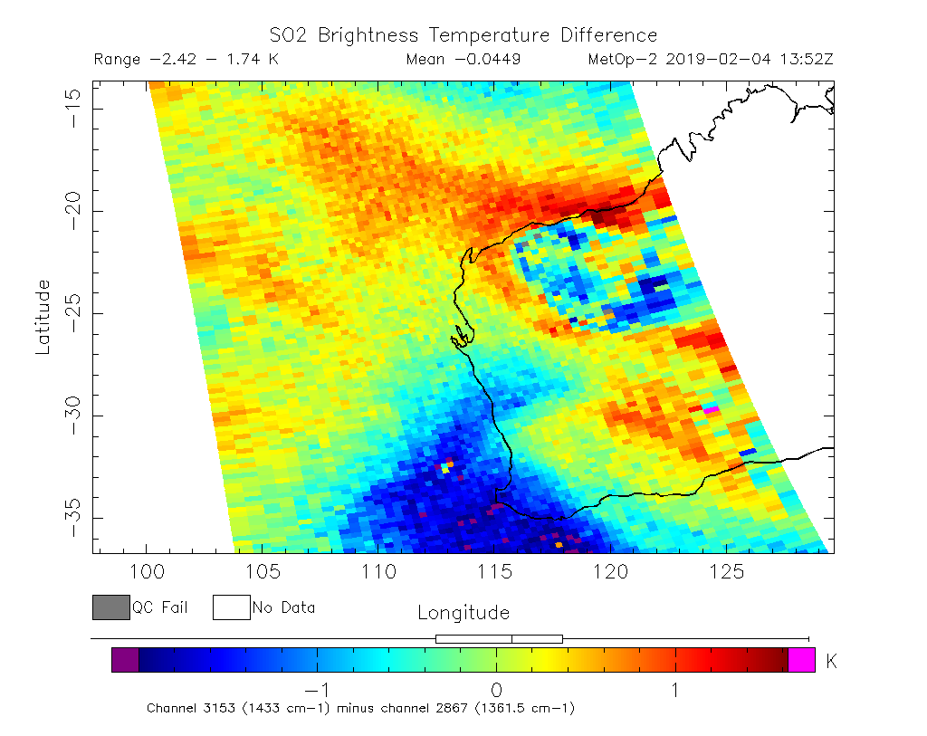 SO2 Brightness Temperature Difference 2019-02-04 13:52Z