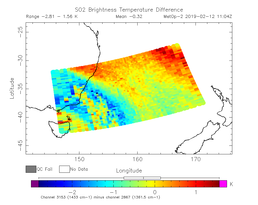 SO2 Brightness Temperature Difference 2019-02-12 11:04Z