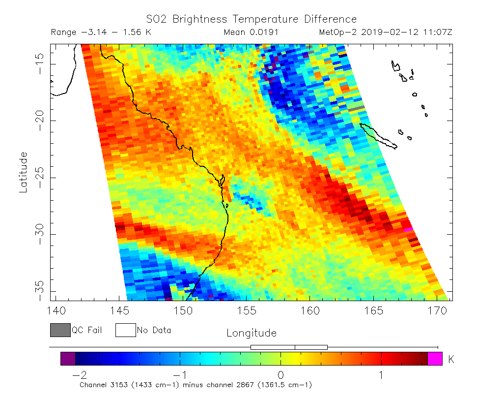 SO2 Brightness Temperature Difference 2019-02-12 11:07Z