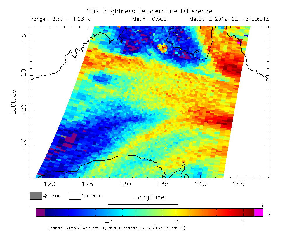 SO2 Brightness Temperature Difference 2019-02-13 00:01Z