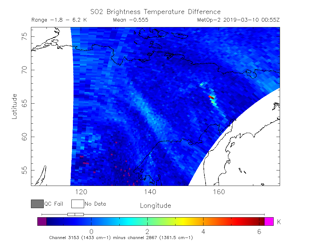 SO2 Brightness Temperature Difference 2019-03-10 00:55Z
