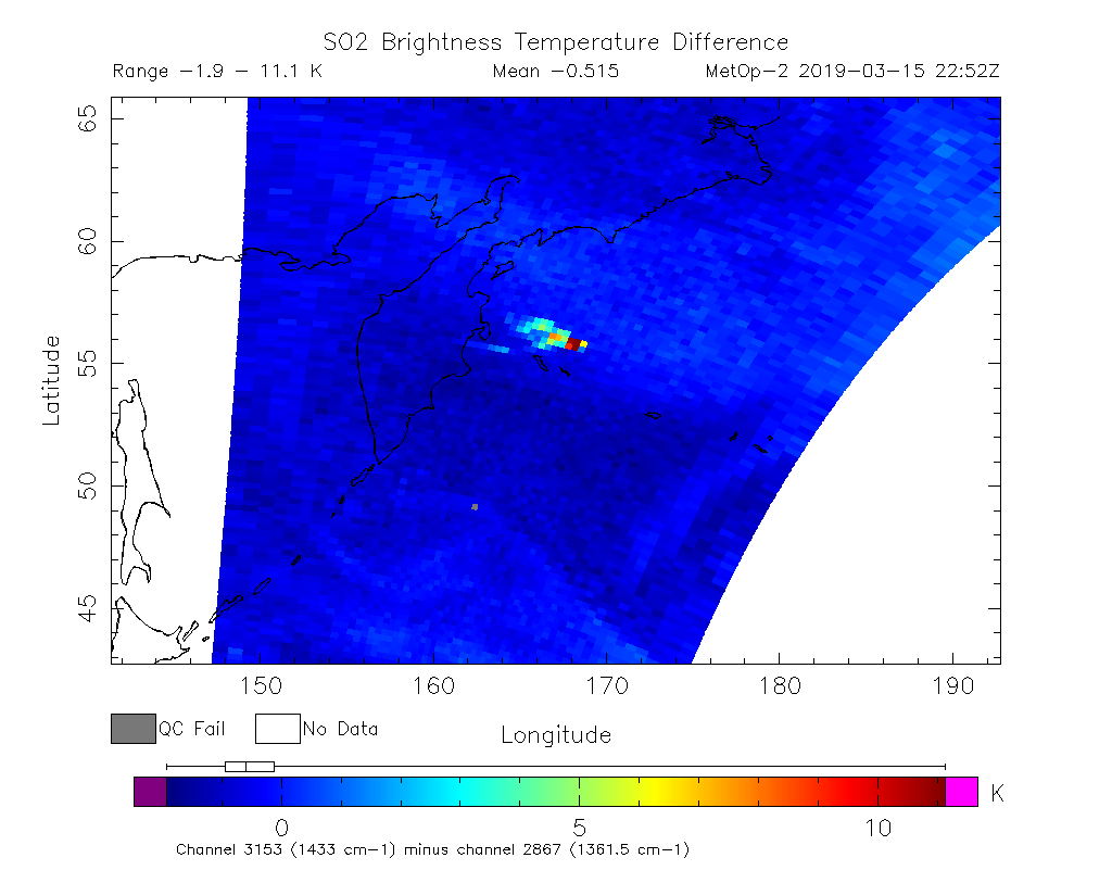 SO2 Brightness Temperature Difference 2019-03-15 22:52Z