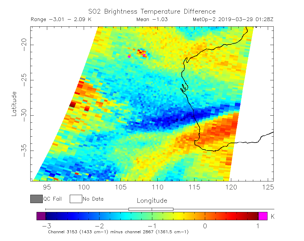 SO2 Brightness Temperature Difference 2019-03-29 01:28Z