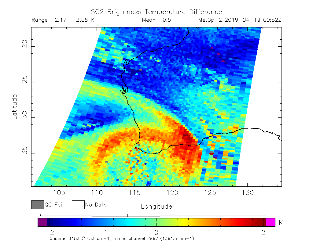 SO2 Brightness Temperature Difference 2019-04-19 00:52Z