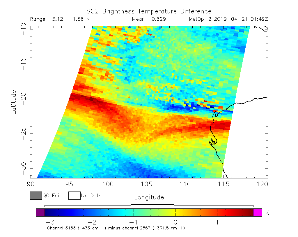 SO2 Brightness Temperature Difference 2019-04-21 01:49Z
