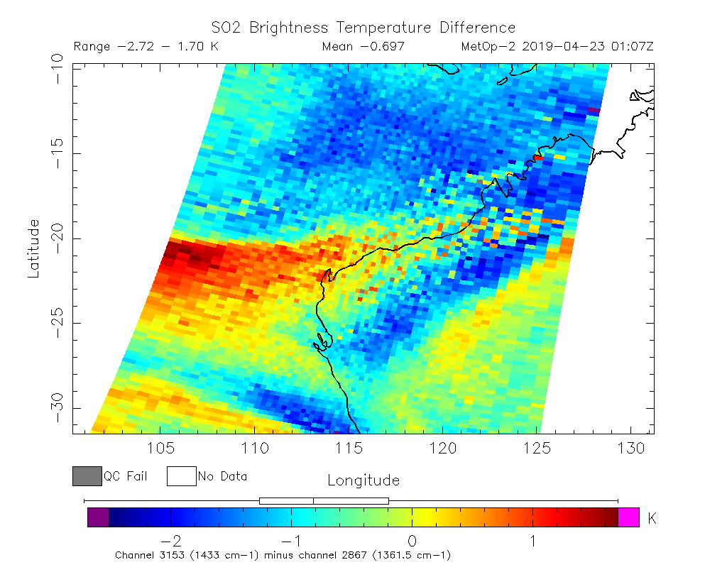 SO2 Brightness Temperature Difference 2019-04-23 01:07Z