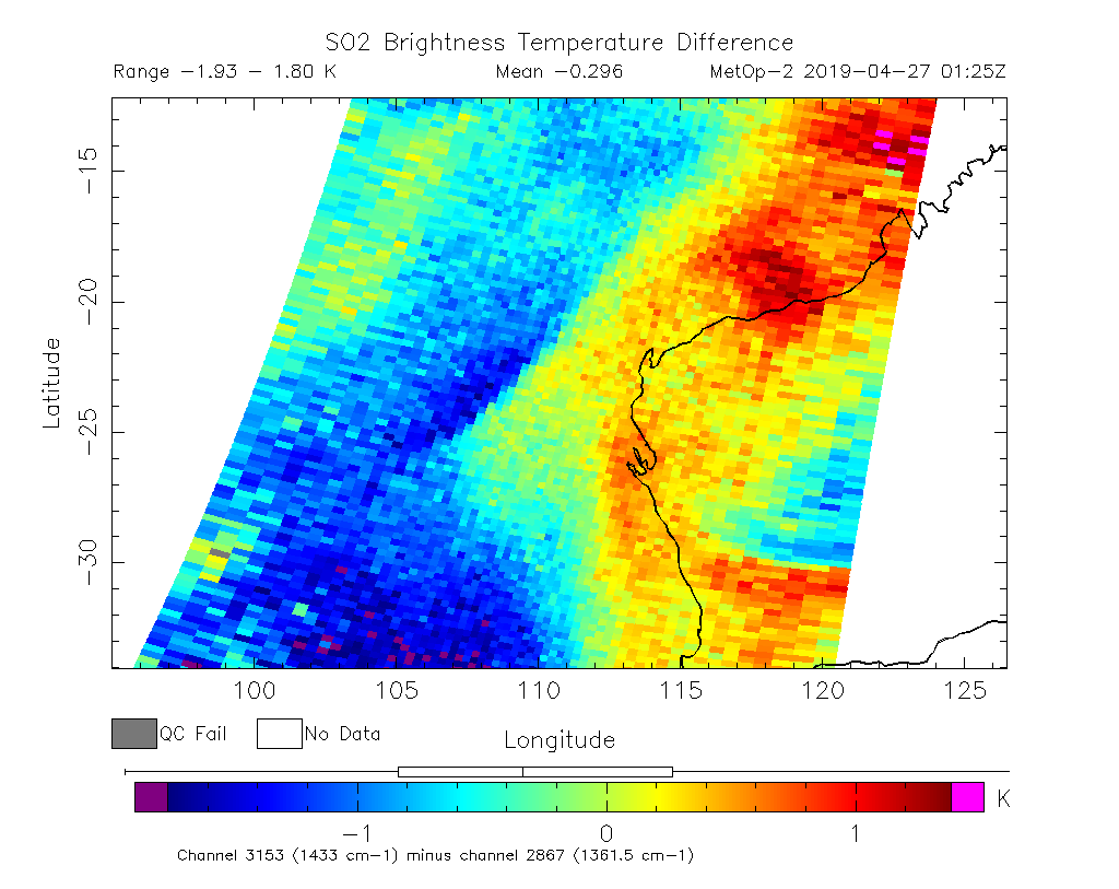 SO2 Brightness Temperature Difference 2019-04-27 01:25Z
