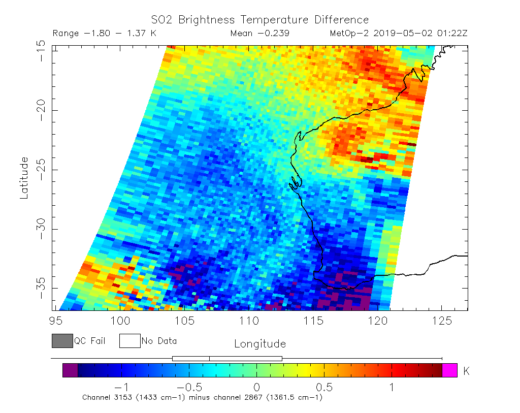 SO2 Brightness Temperature Difference 2019-05-02 01:22Z