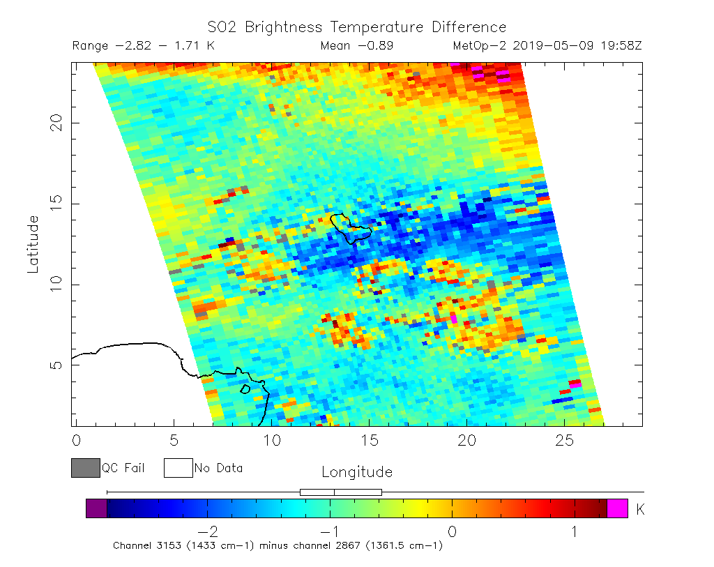SO2 Brightness Temperature Difference 2019-05-09 19:58Z