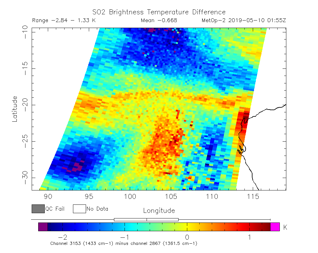 SO2 Brightness Temperature Difference 2019-05-10 01:55Z