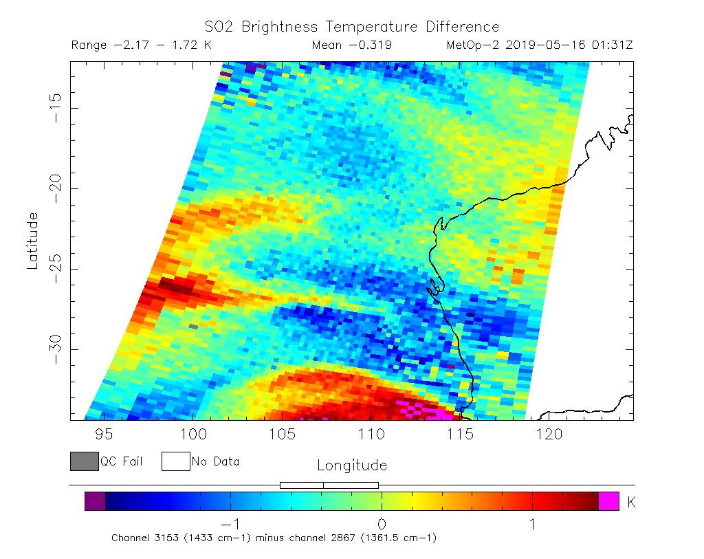 SO2 Brightness Temperature Difference 2019-05-16 01:31Z