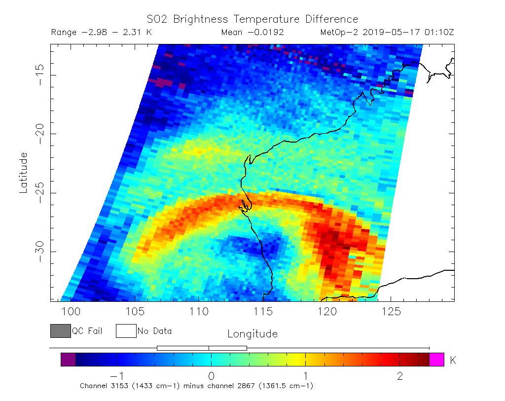 SO2 Brightness Temperature Difference 2019-05-17 01:10Z